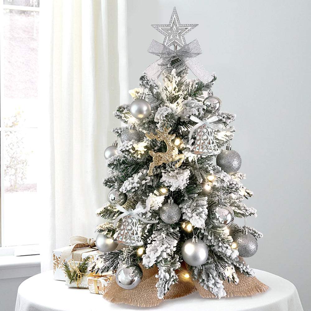 DEKKORAT 2ft Snow-Flocked Mini Christmas Tree with Lights & Ornaments