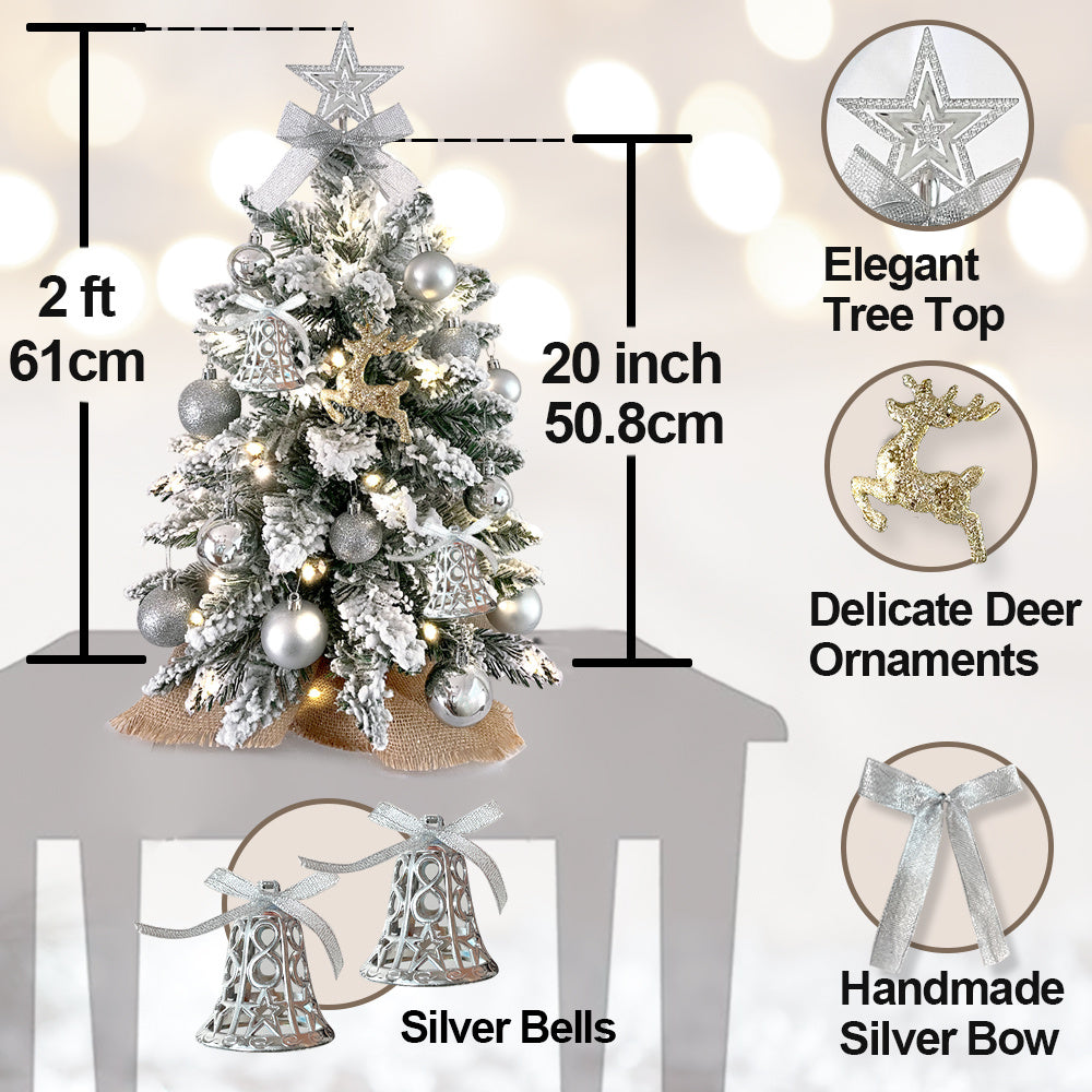 DEKKORAT 2ft Snow-Flocked Mini Christmas Tree with Lights & Ornaments