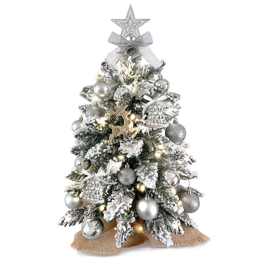 DEKKORAT 2ft Snow-Flocked Mini Christmas Tree with Lights & Ornaments