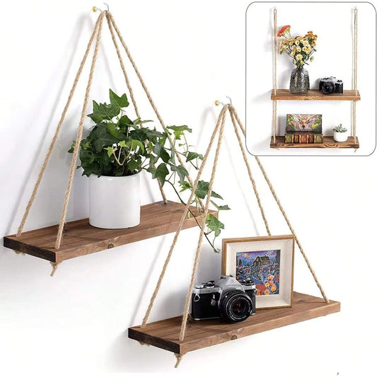 Boho Wall Hanging Shelves Wood Floating Shelves Window Hanging Plant Triangle Rope Shelf Rustic Farmhouse Style