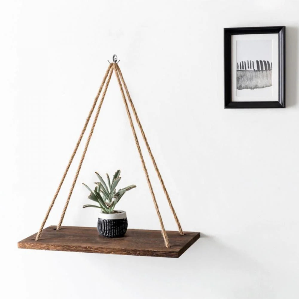 Boho Wall Hanging Shelves Wood Floating Shelves Window Hanging Plant Triangle Rope Shelf Rustic Farmhouse Style