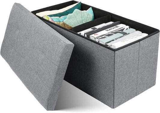 Folding Storage Ottoman Tufted Footrest, Linen Chest, or Bench with Removable Bin for Living Room, Bedroom, or Dorm by Lavish Home (Gray)