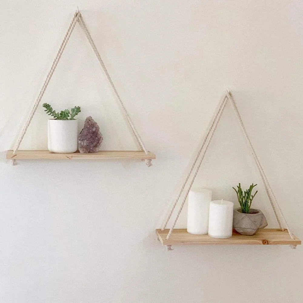 Boho Wall Hanging Shelves Wood Floating Shelves Window Hanging Plant Triangle Rope Shelf Rustic Farmhouse Style